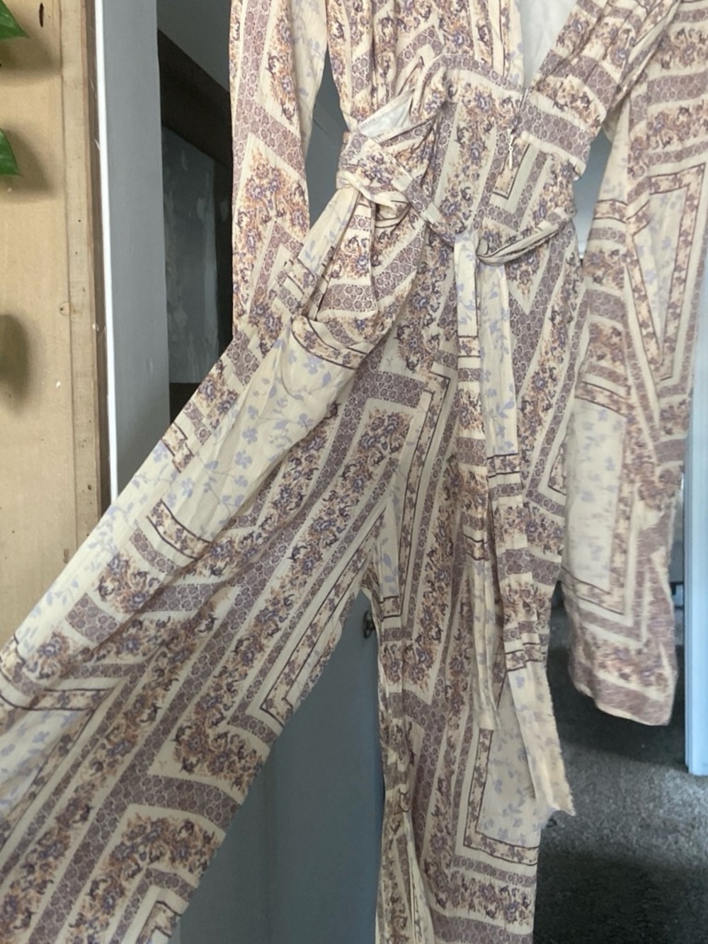 Olivaceous Cream and Mauve Patterned Long-Sleeve Jumpsuit